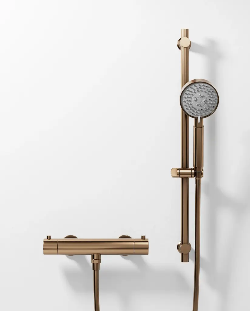 Mitigeur douche Thermostatique externe, barre et douchette ronde, Doré Rose brossé, Chatelet