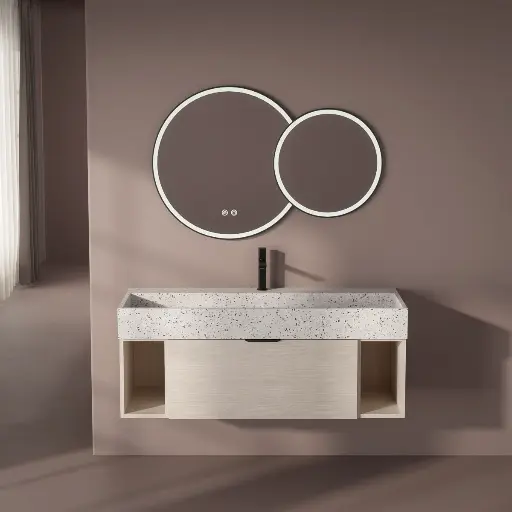 Meuble avec plan vasque Terrazzo, 120 cm, Meuble Fresne clair et Plan Terrazzo white