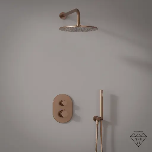 Composition mitigeur de douche thermostatique encastré doré rose PVD, bras mural, Châtelet
