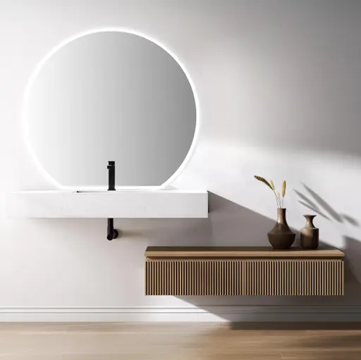 Ensemble vasque suspendue Carrara mat, meuble chêne cannelé et miroir LED – Tivel