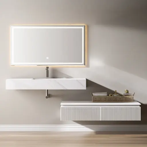 Ensemble vasque, meuble bas blanc cannelé, miroir LED – Tivel