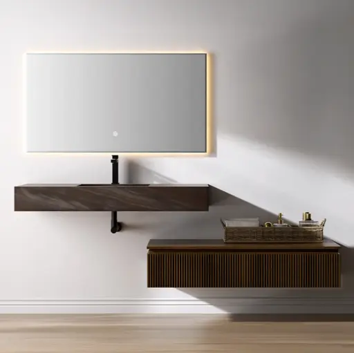 Ensemble vasque, meuble bas noyer cannelé et miroir LED – Tivel