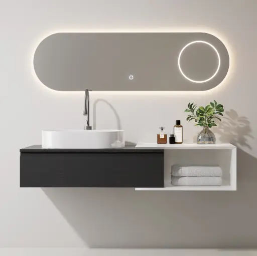 Ensemble meuble bois noir, vasque à poser, meuble ajustable Carrara  et miroir LED – Streich