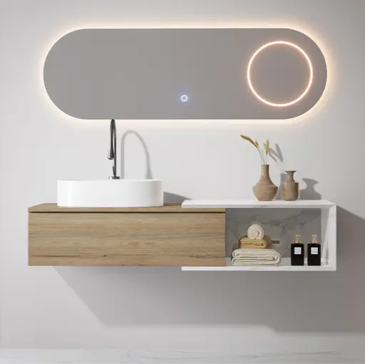 Ensemble meuble chêne, vasque à poser, meuble ajustable Carrara et miroir LED – Streich