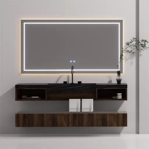 Ensemble vasque intégrée céramique sandstone, meubles bas noyer et miroir LED – Amazing