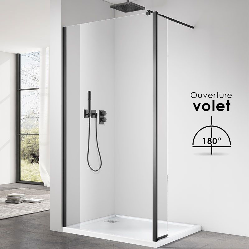 Paroi fixe 60 à 160 cm + volet 30 cm, profilé noir mat, Altea