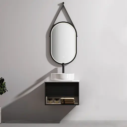 Ensemble meuble noir avec plan Carrara, vasque et miroir LED noir 50x35 cm – Minions