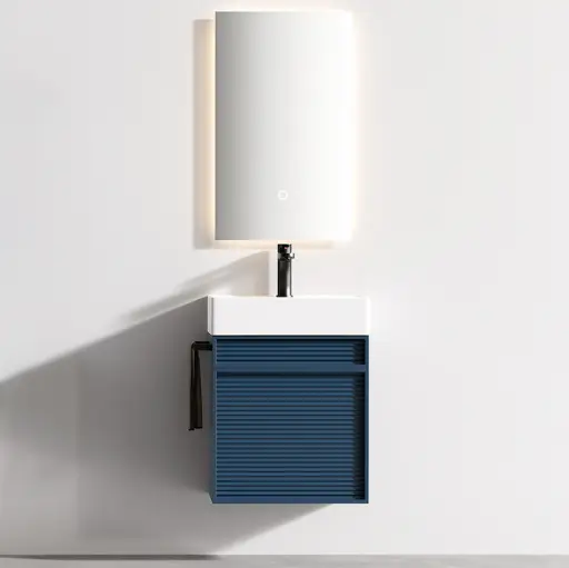 Ensemble meuble bleu nuit mat avec vasque et miroir LED – Piccolo