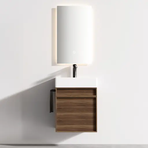 Ensemble meuble noyer avec vasque et miroir LED – Piccolo