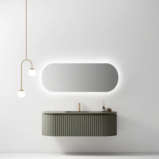 Meuble suspendu oblong cannelé, vert mat, 150x55,  vasque intégrée résine vert mat, Reid