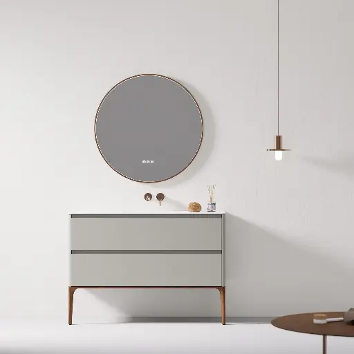 Meuble à poser 120cm, gris clair, vasque intégrée résine minérale blanc mat, pieds noyer, Letto 