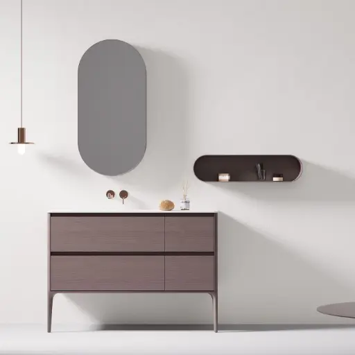 Meuble à poser 4 tiroirs, bois fumé, vasque intégrée résine minérale blanc mat, 140cm, pieds noyer fumé, Letto