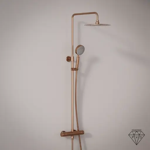 Colonne de douche avec mitigeur thermostatique, Ø25cm, doré rose brossé, douchette ronde, Châtelet III