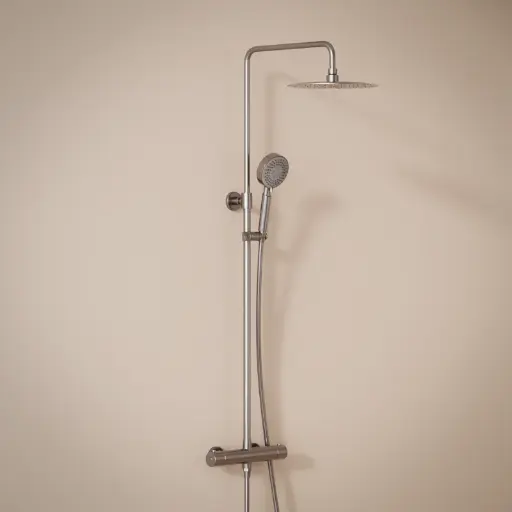 Colonne de douche avec mitigeur thermostatique, Ø25cm, inox brossé, douchette ronde, Châtelet
