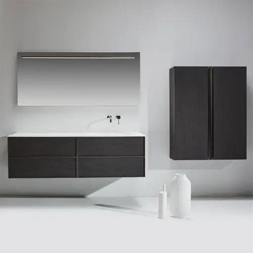 Ensemble meuble bois, vasque solid surface, 160x55 miroir et rangement, Mimax