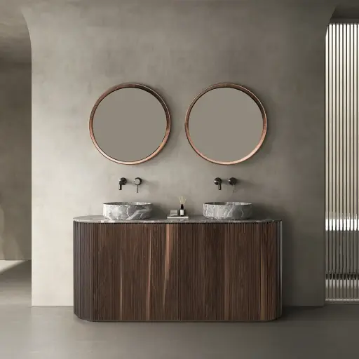 Ensemble meuble bois cannelé, plan et vasque à poser en marbre véritable,160x45cm, miroirs, Bello 