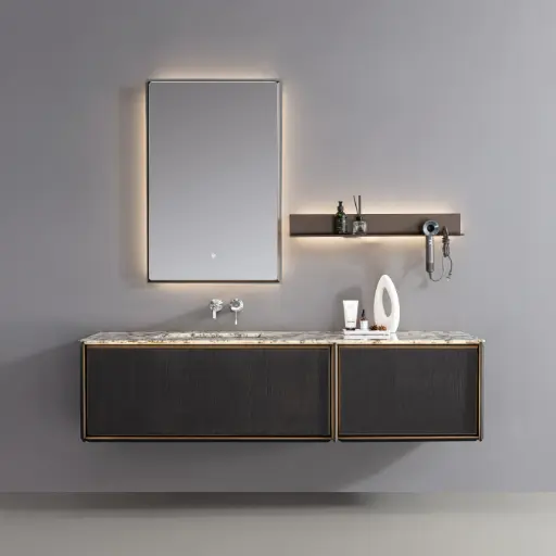 Ensemble meuble vasque, bois Ebene, plan marbre véritable 180x58cm, miroir, étagère, Ebano 