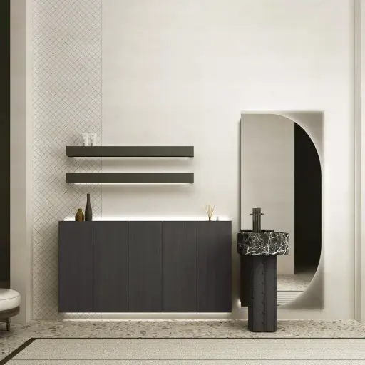 Ensemble meuble de rangement, vasque marbre véritable sur totem, Miroir, étagères, Anima 