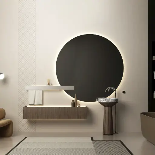 Ensemble vasque marbre véritable, piedestal Noyer , meuble de rangement, étagère , miroir,  Beno