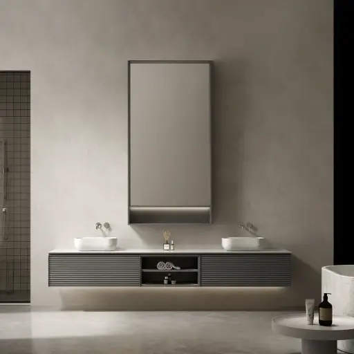 Ensemble meuble vasque cannelé bois, plan et vasques à poser en marbre 280x55, miroir led 100x200, Etto 