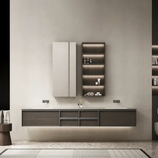 Ensemble meuble vasque bois, plan terrazzo, vasque intégrée en céramique, 280x58 cm, étagère et miroir, Tropo