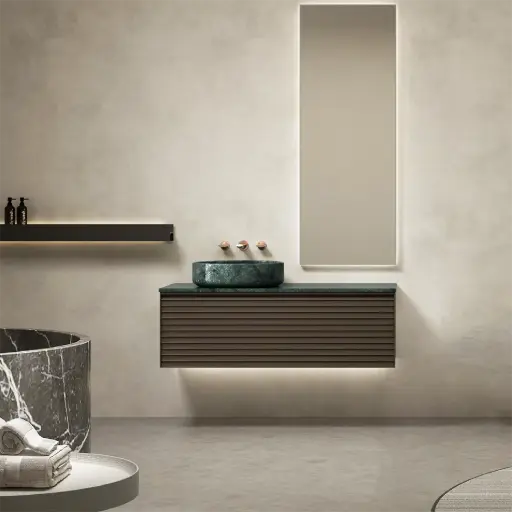 Ensemble meuble vasque cannelé noyer, plan et vasques en marbre vert Jade, 120x55 cm, miroir led, Verde