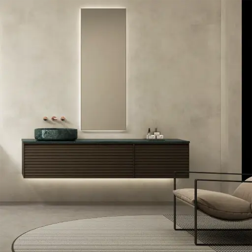 Ensemble meuble vasque cannelé noyer, plan et vasque en marbre vert Jade, 180x55 cm, miroir led, Verde 