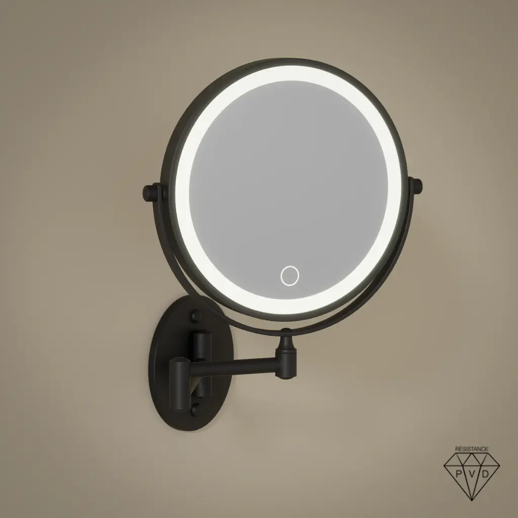 Miroir cosmétique grossissant mural rond 2 faces, Leds rechargeables, Noir mat, Elena