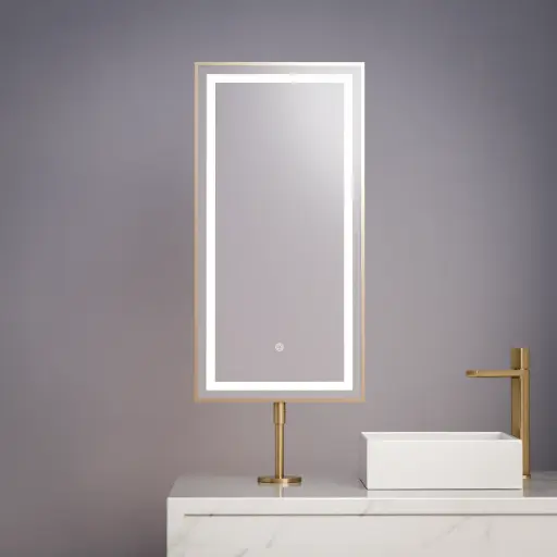 Miroir sur plan avec éclairage led et anti-buée, 40x80cm, doré brossé, Chatelet