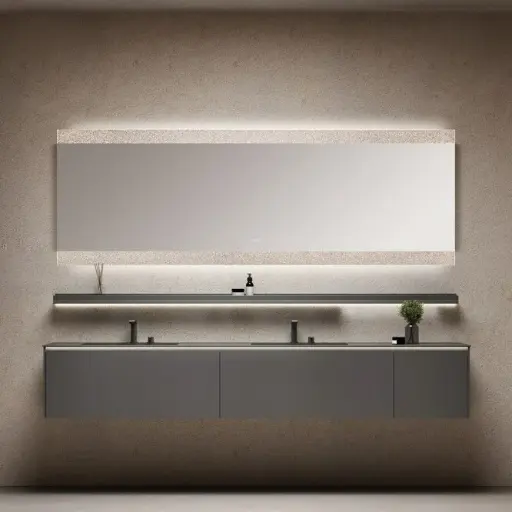 Ensemble Meuble vasque 180cm, robinetterie assortie Gun Grey,  miroir et étagère led, Aero 02