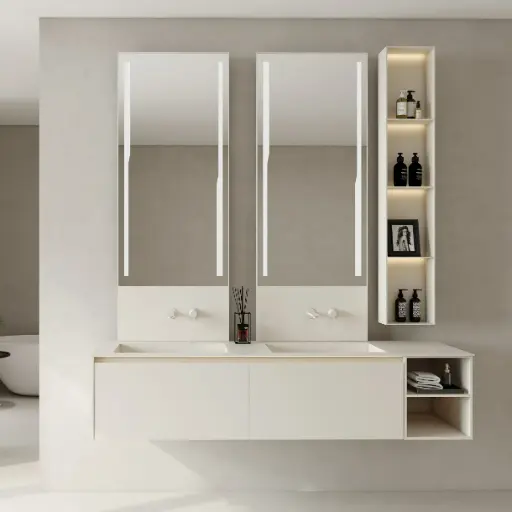 Ensemble Meuble vasque, 180cm, robinetterie, crédences, miroirs, colonnes de rangement, Cream white, Aero 