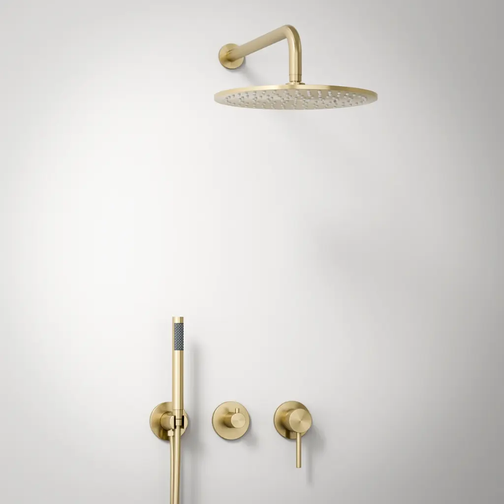 Composition mitigeur de douche encastrée, pomme de tête et set douchette, doré brossé, Chatelet  