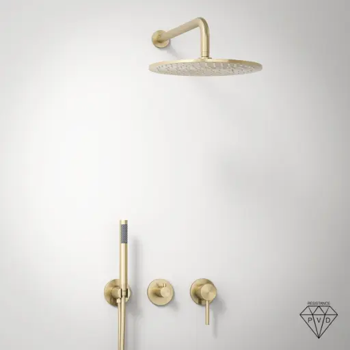 Composition mitigeur de douche encastrée, pomme de tête et set douchette, doré brossé, Chatelet  