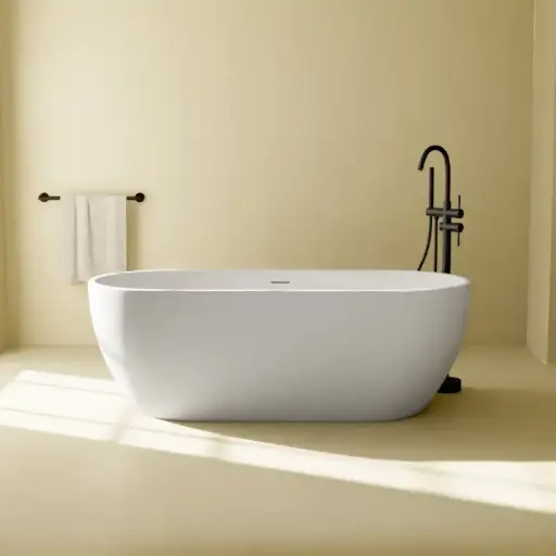 Baignoire îlot ovale, 140 à 170 cm, acrylique, blanc mat, avec bonde, Calipso 3