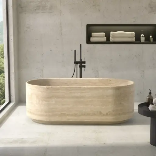 Baignoire îlot, pierre naturelle Travertin beige,170x80, Caïques