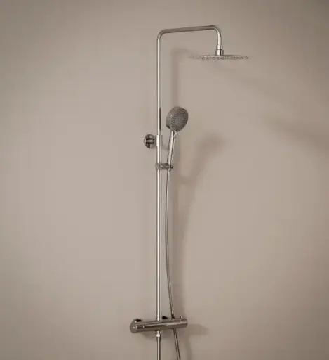 Colonne de douche avec mitigeur thermostatique, Ø25cm, Châtelet, douchette ronde 3 voies, inox brossé
