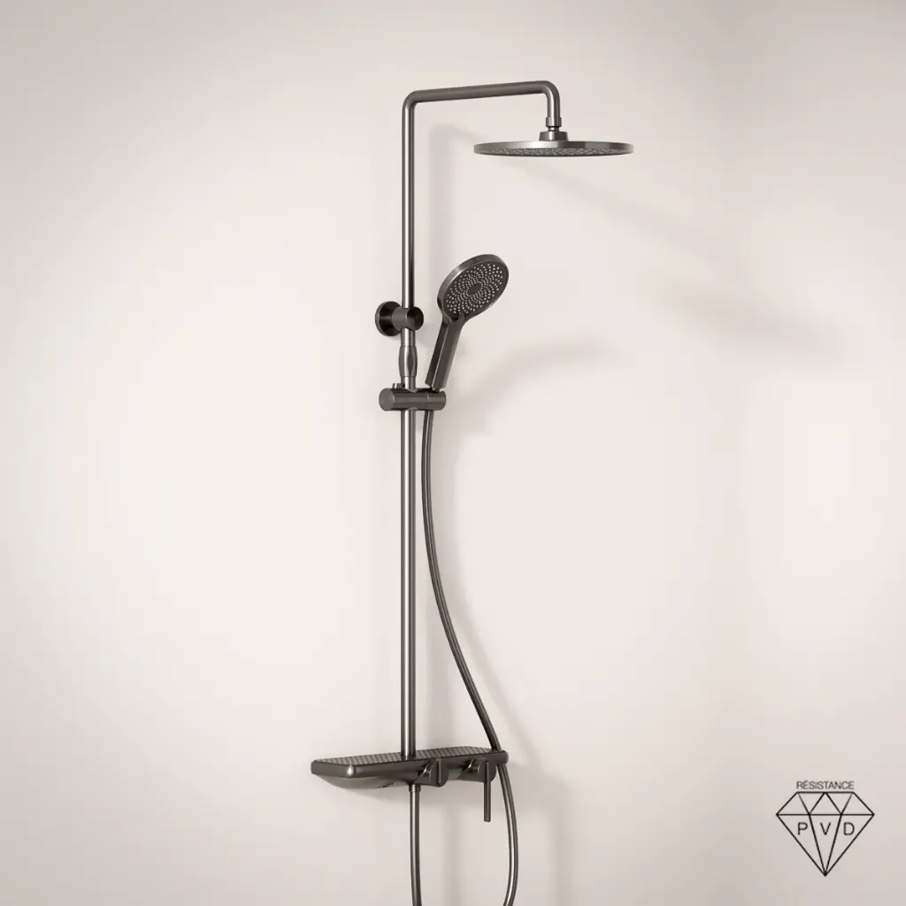 Colonne bain-douche mitigeur avec étagère, gun métal, Carbone  