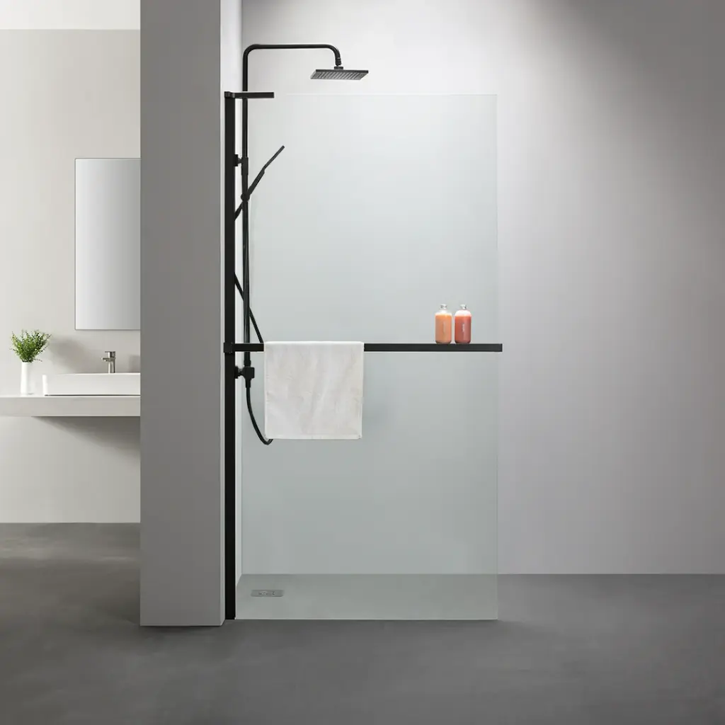 Paroi de douche fixe 60 à 160 cm, avec étagère et porte serviette, profilé noir mat, Nauta