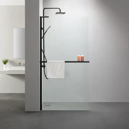 Paroi de douche fixe 60 à 160 cm, avec étagère et porte serviette, profilé noir mat, Nauta