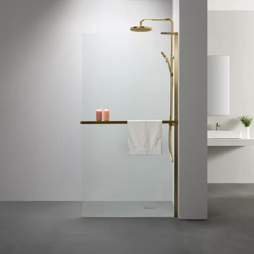 Paroi de douche fixe 60 à 160 cm, étagère et porte serviette, profilé doré brossé, Nauta