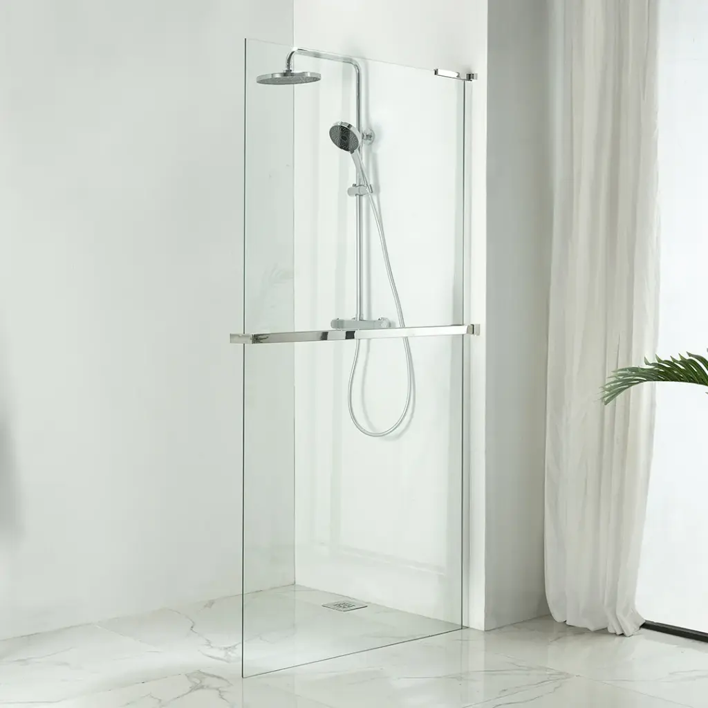 Paroi de douche fixe 60 à 160 cm, étagère et porte serviette, profilé chromé, Nauta