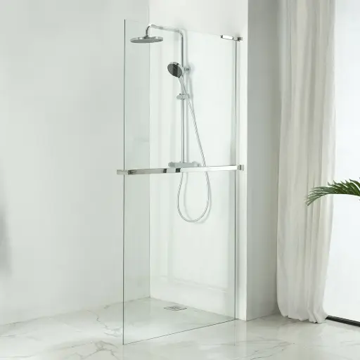 Paroi de douche fixe 60 à 160 cm, étagère et porte serviette, profilé chromé, Nauta