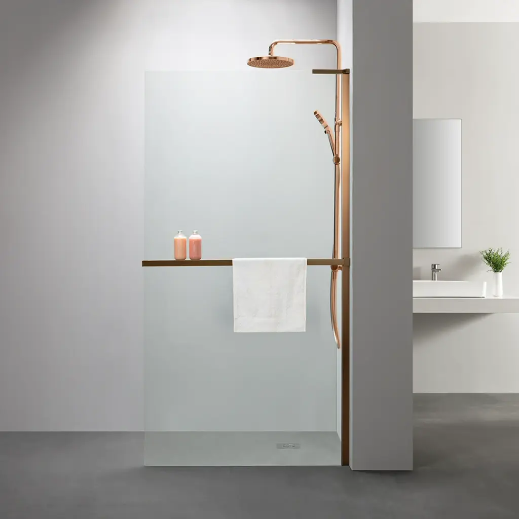 Paroi de douche fixe 60 à 160 cm, étagère et porte serviette, profilé doré rose brossé, Nauta