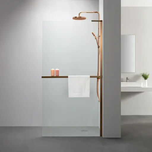 Paroi de douche fixe 60 à 160 cm, étagère et porte serviette, profilé doré rose brossé, Nauta