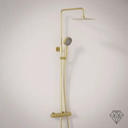 Colonne de douche mitigeur, Ø25cm, douchette ronde 3 voies, inox doré brossé, Châtelet III