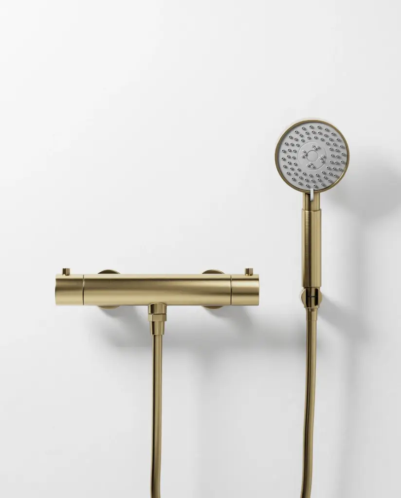 Robinet mitigeur thermostatique de douche doré brossé avec douchette ronde, Châtelet III 