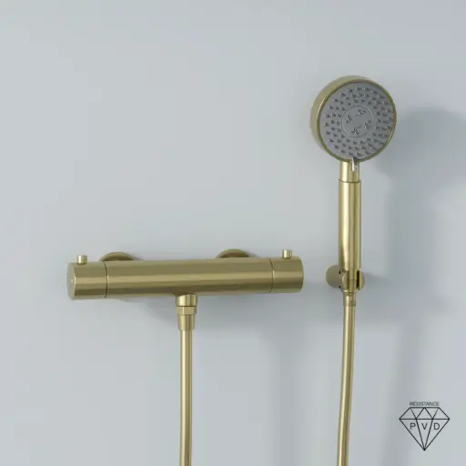 Robinet mitigeur thermostatique de douche doré brossé avec douchette ronde, Châtelet III 