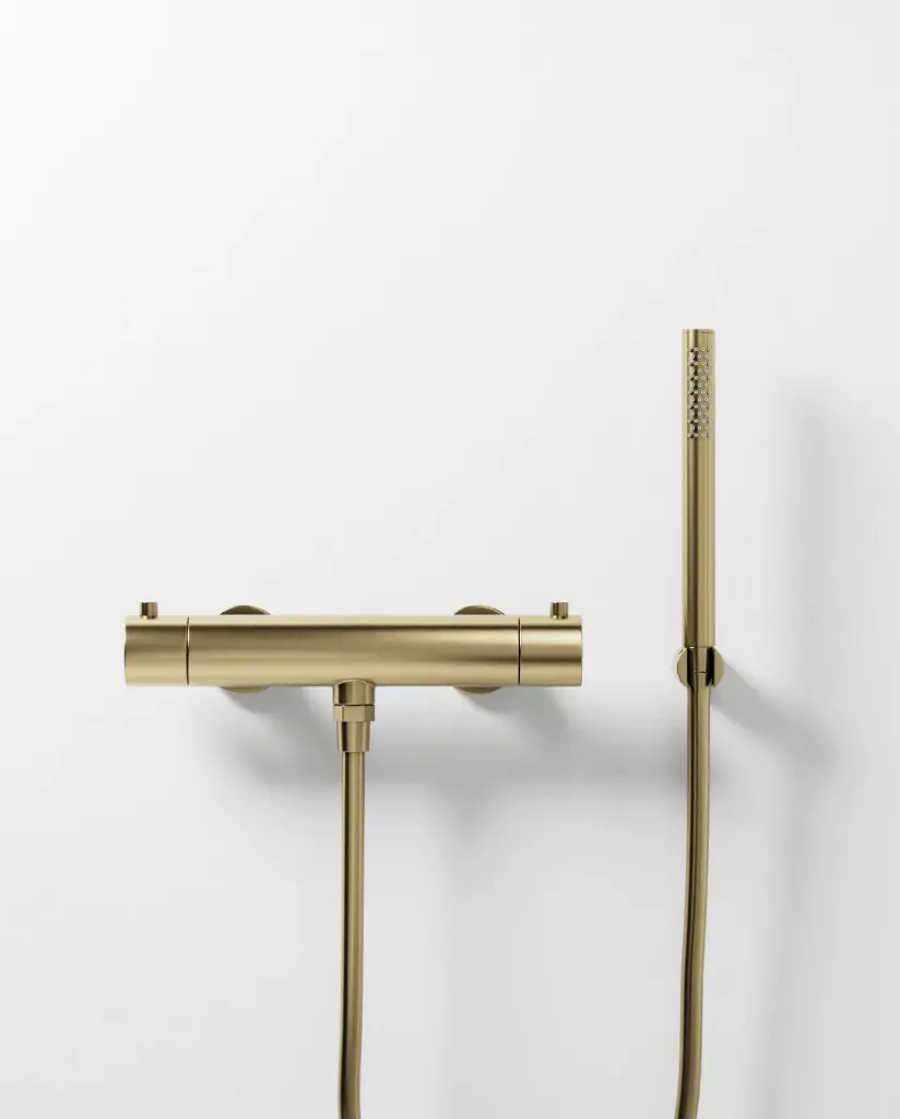 Robinet mitigeur thermostatique de douche doré brossé avec douchette tube, Châtelet III 