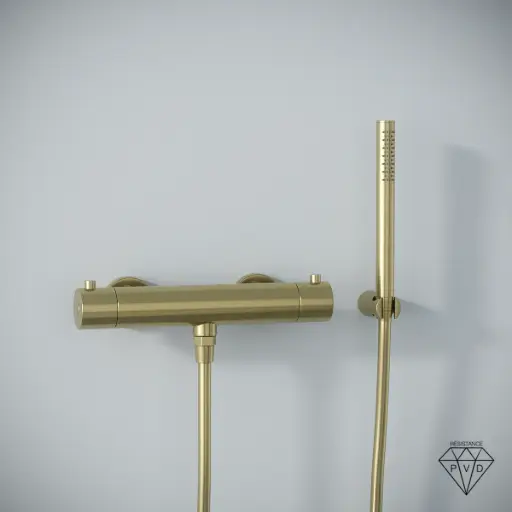 Robinet mitigeur thermostatique de douche doré brossé avec douchette tube, Châtelet III 