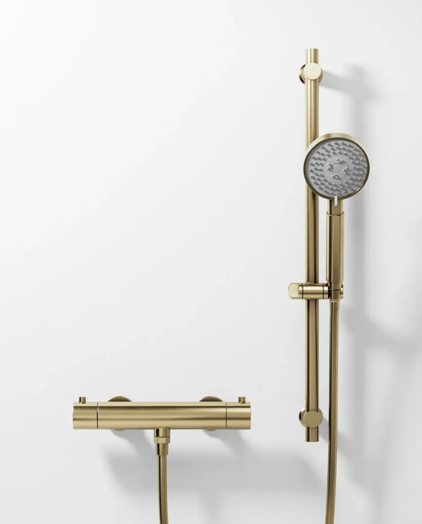 Robinet mitigeur thermostatique de douche doré brossé avec barre et douchette ronde, Châtelet III
